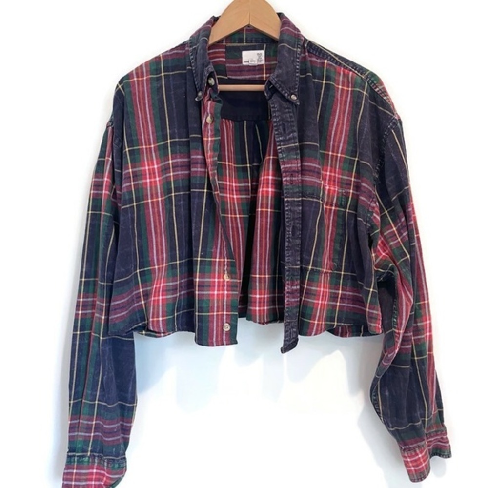 Urban‎ Renewal Recycled Vintage Fabric Cropped Plaid Long Sleeve Button Down